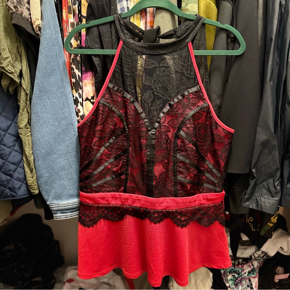Max Studio Red and Black Asymmetrical Embellished Blouse